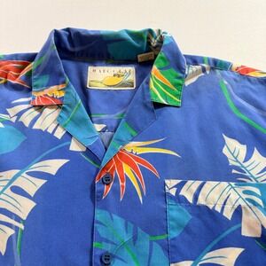Mango Bay Tropical Hawaiian Shirt Mens Large Blue Bird of Paradise Camp Collar